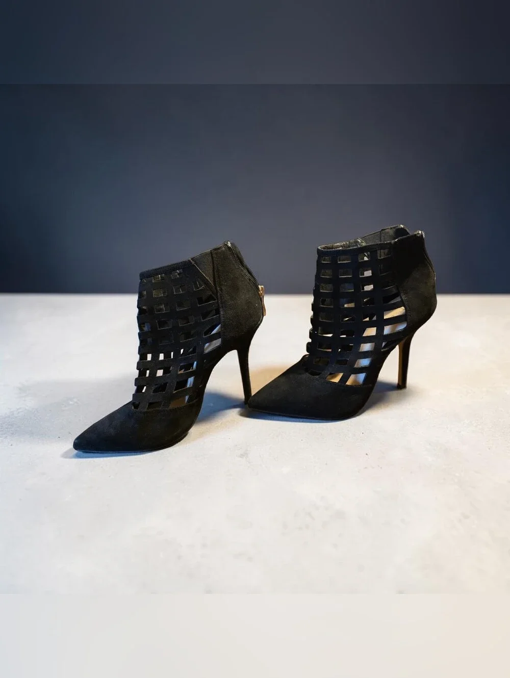 Black Cutout Lattice Pointed-Toe Stiletto Booties